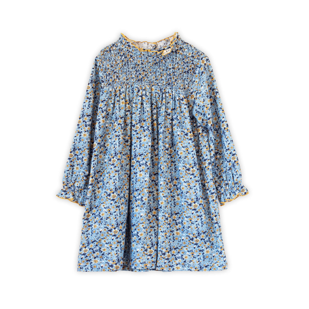Girls Smocked Long Sleeves Dress | Blue and Mustard Wildflowers