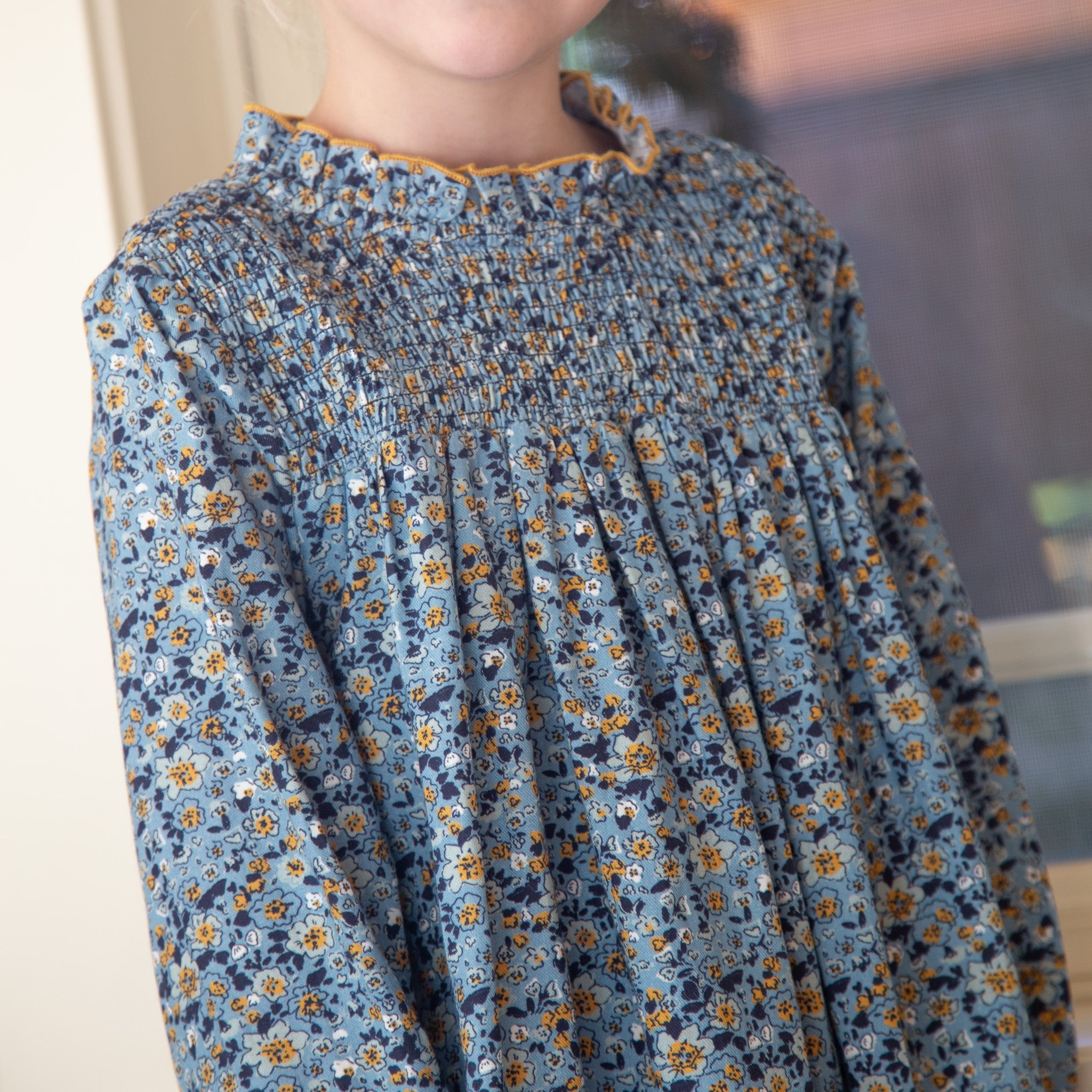 Girls Smocked Long Sleeves Dress | Blue and Mustard Wildflowers