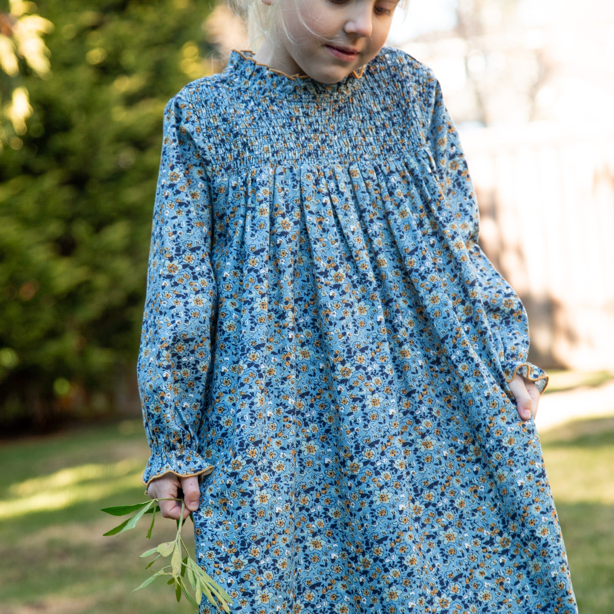 Girls Smocked Long Sleeves Dress | Blue and Mustard Wildflowers