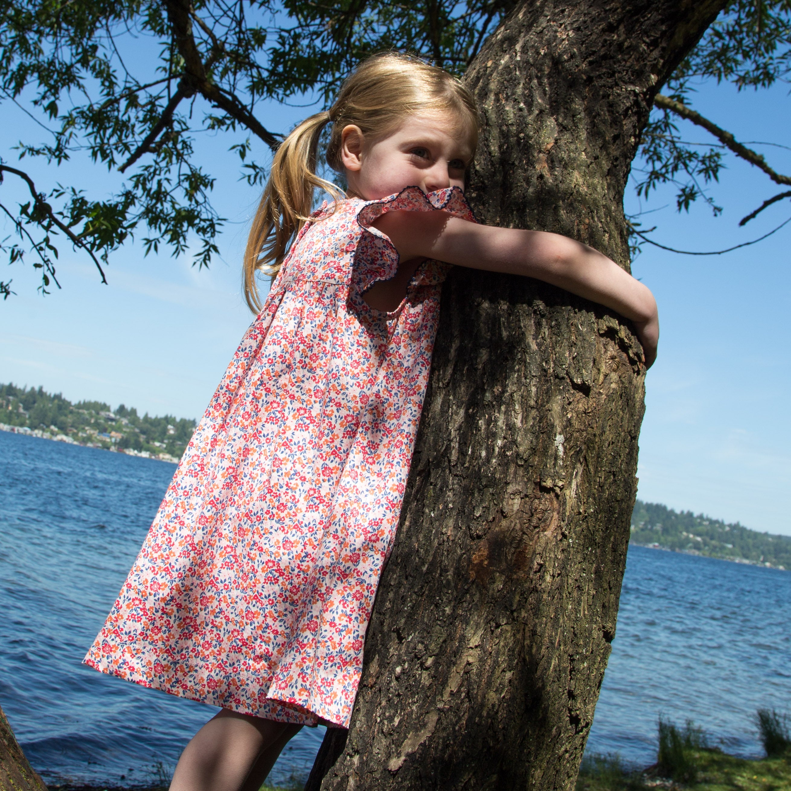 Girls Hannah Dress with Flutter Sleeves | Red and Blue Floral