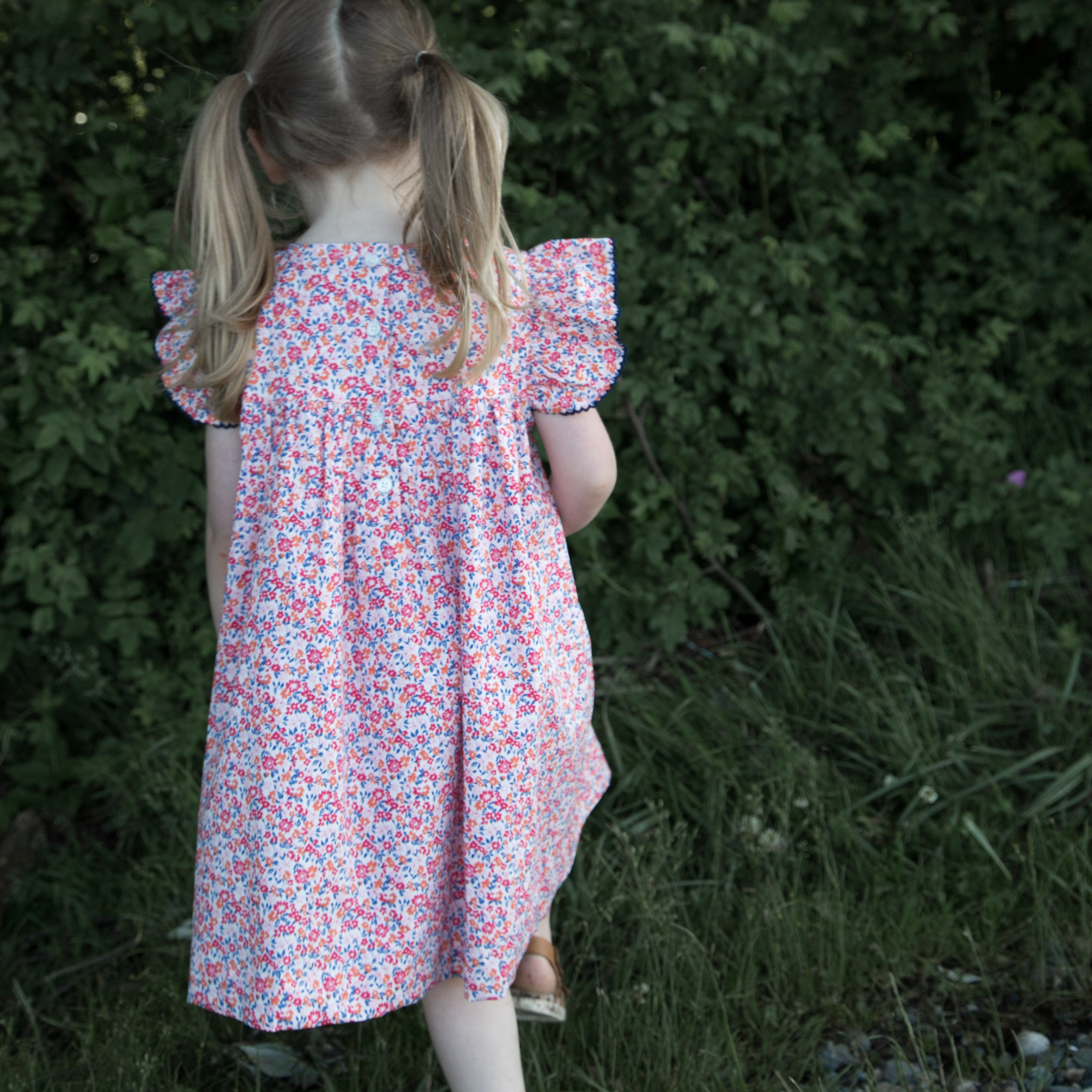Girls Hannah Dress with Flutter Sleeves | Red and Blue Floral