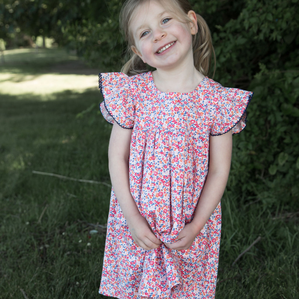 Girls Hannah Dress with Flutter Sleeves | Red and Blue Floral