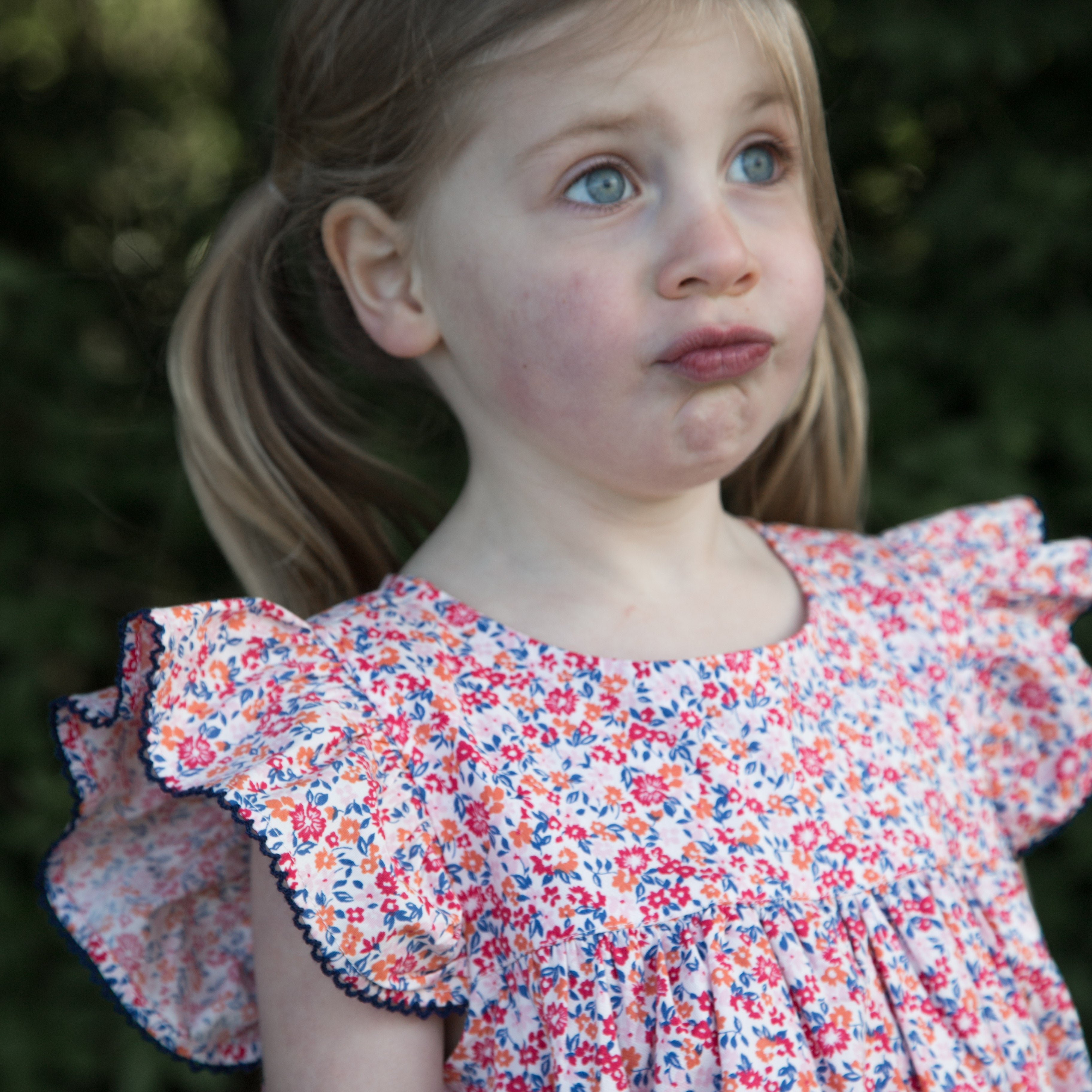 Girls Hannah Dress with Flutter Sleeves | Red and Blue Floral